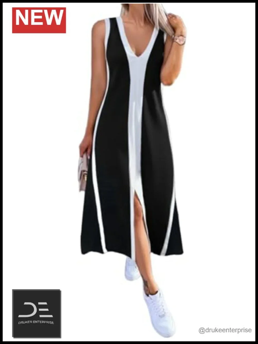 Sleeveless V Neck Color Block Midi Dress with Slit